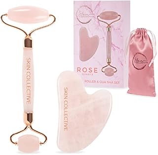 Jade Roller and Gua Sha Set - 100% Natural Rose Quartz Roller  Gua Sha Tools That are Perfect for Skin Care, Facials, Anti Aging, Rosacea, Dark Circles and Puffy Eyes, by Skin Collective