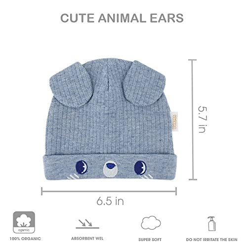 DOKMA Organic Cotton Toddler Hat Set 3 Cute Animal Ears Design, Beanies for Baby Boys and Girls 0-6 Months Light Gray & Blue3