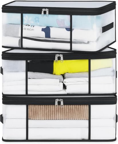 NEWSONA 3 Piezas Organizador Ropa Transparente 35L – Cajas Plegables para Armario o Debajo de la Cama – Bolsa Almacenamiento Mantas y Juguetes