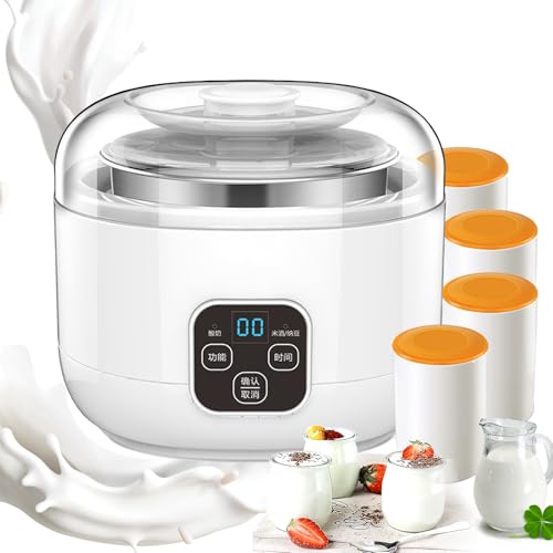 Yogurtera Totalmente Automática, Máquina De Yogur De 1 Litro con 4 Tazas, Pantalla Táctil LCD, Temporizador Y Colador, Revestimiento De Acero Inoxidable, Control De Temperatura Constante