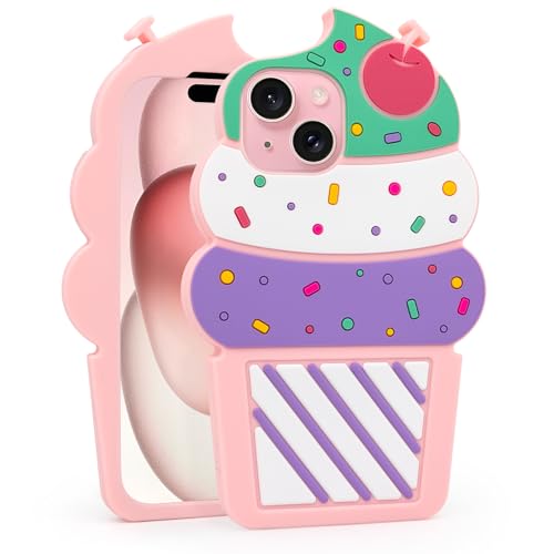 Dumkery Cute Ice Cream iPhone 15 Case, Cupcakes 3D Funny Cartoon Soft Silicone Shockproof Cases Cover Skin for Kids Girls Women Children