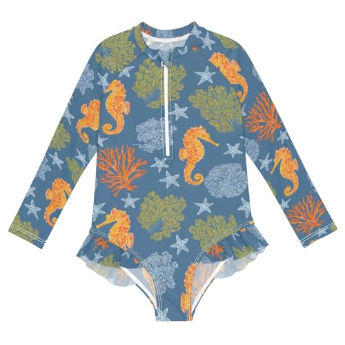 ALAZA Coral Reef Blue Seahorse Girls One Piece Swimsuit Long Sleeve Rash Guard Swimsuits UV 50+ Swimwear Zipper