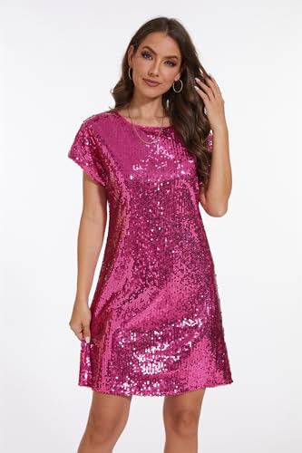 Image of Women's Crewneck Sequin Shift Dress Short Sleeve Casual Holiday Sparkly Party Dress