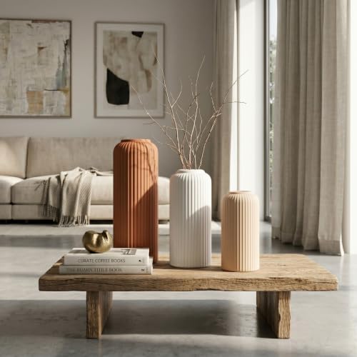 Image of KREATIVE ART'S Ribbed Ceramic Flower Vase Set of 3 -Earthly Tone | Ceramic Vases for Home Decor, Home Decor Items for Living Room, (Terracotta, White & Nude Beige Vases -Set of 3 pcs)