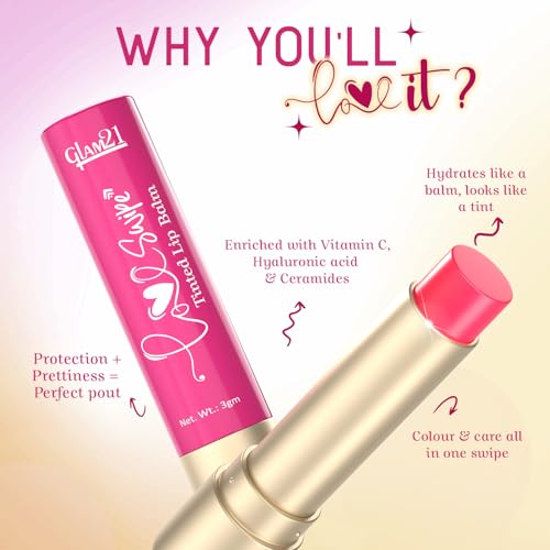 Image of Glam21 Love Swipe Tinted Lip Balm | Goodness Of Vitamin-C, HA, Ceramide & SPF 30 | Radiance Boost,Hydrated Lips, Repair The Lips & UV Defense - Lush Plum & Pink Marshmallow |3gm Each -Combo Pack Of 2