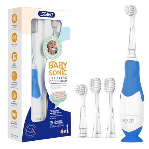 Image of SEAGO Toddler Electric Toothbrushes for Baby Ages 0-3 Years, Baby Toothbrush with Smart Timer and Suction Base, 4 Replacement Brush Heads SG-513 (Navy-C)