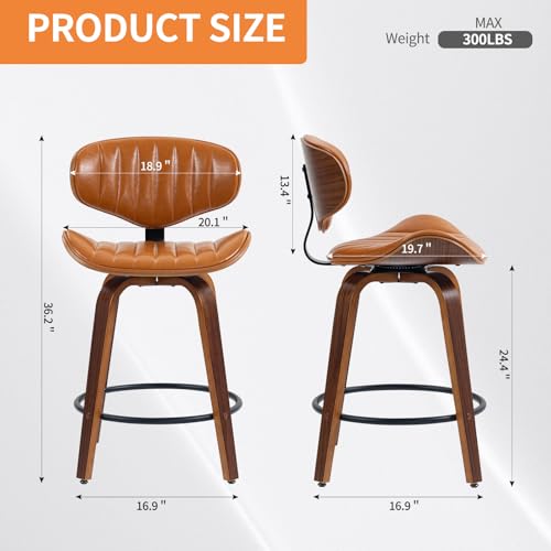 Butacos Giratorios de Barra, Juego de 2, Altura para Encimera, Asiento de Cuero Sintético PU y Estructura de Madera Curvada, con Reposacabezas y Reposapiés, Estilo Moderno, Color Marrón miniatura 2