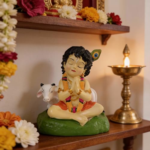 Image of Premium Bal Krishna Resin Idol for Car Dashboard, Home Temple & Office (7 x 6.5 x 4.5 cm) | Handcrafted Laddu Gopal Murti Showpiece for Vastu, Peace & Protection (Color: Natural)