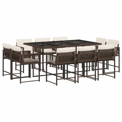 XHNIFBN Conjunto de comedor de jardín de ratán sintético con 1 mesa y 10 sillas, incluye cojines de asiento, juego de muebles de jardín para patio y jardín, tablero de cristal templado, color marrón