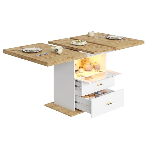 Azkoeesy Mesa de comedor extensible 75 x 80 x 110-140 cm con espacio de almacenamiento, puerta acristalada plegable, 2 cajones, asas doradas y LED, para comedor, cocina (blanco)