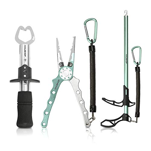 HAUSHOF Fishing Tool Kit, Aluminum Fishing Pliers, Stainless Steel Fish Lip Gripper, Fish Hook Remover with Safety Coiled Lanyard and Sheath, Gifts for Men Women ‎Light Green 3