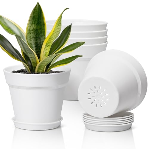 T4U 7.5 Inch Plant Pots 6 Pcs, Flower Pots for Plants, Plastic Planter Pots for Indoor Plants with Drainage Holes and Saucer (6 Pcs, 7.5