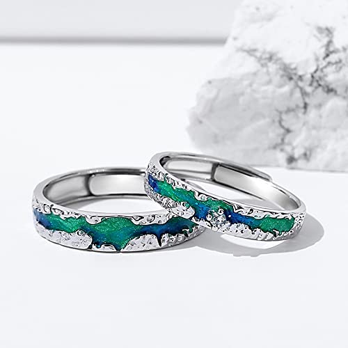 Kokoma Nothern Light Aurora Polaris Couple Rings for His & Hers Sterling Silver 925 Starry Sky Matching Promise Engagement Rings Wedding Rings Open Statement Band Adjustable3