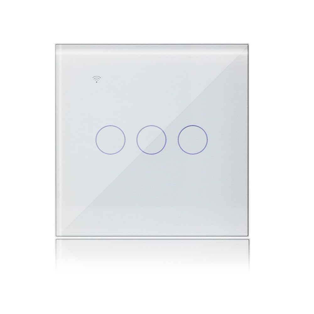Smart Light Switches 3 Gang 1 Way Compatible with Alexa, WiFi Touch Light Switch White Glass Panel with Timer Function, Tuya/Smart Life App Control