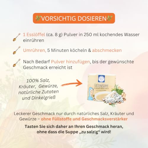 Fastensuppe | Hildegard Fastensuppe | Dinkelgrießsuppe mit Hildegard-typischen Gewürzen | 100% natürlich | nach Hildegard von Bingen | 38 Teller | 380g