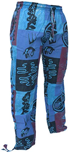 Gheri Mens Hemp Cotton Tribal Patchwork Gecko Print Aztec Symbols Loose Straight Trouser Pants2