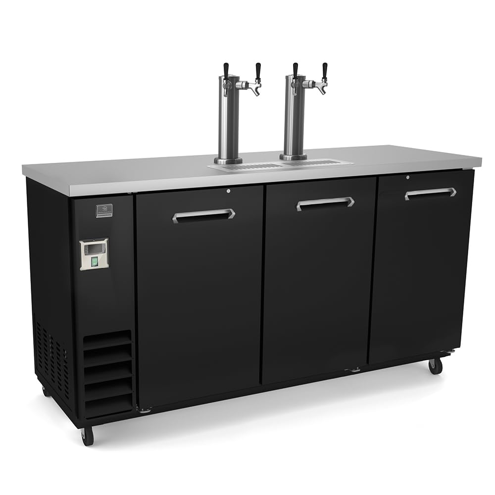 Kelvinator KCHBBD3D2T 73" Kegerator Beer Dispenser Draft Direct Draw for Restaurant Bar | (3) 1/2 Barrel Keg, 20.8 Cu Ft Capacity | (2) Single Faucet Tower, Black, Stainless Steel Top, 115v (33-41°F)