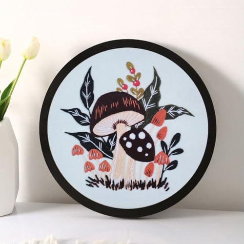 Image of Esffaci Embroidery Starter Kit for Adult Beginner with Mushroom Plant Flower Pattern Hand Embroidery Set with Cloth Hoop Needle Threader Floss and Instruction