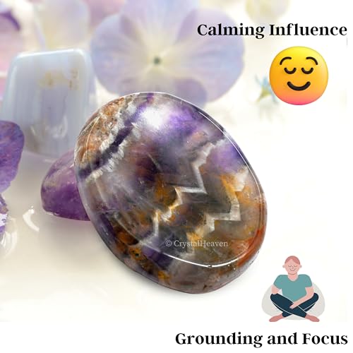 Image of Certified Amethyst Chevron Crystal Thumb Worry Pebbles Stones for Anxiety Stress Relief Massage - AAA Grade Original Healing Gemstone Agate Rubbing Stone for Yoga Meditation Spiritual Reiki Feng Shui