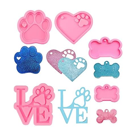 PEGAFOX 5 Pcs Love Paw Print Keychain Silicone Resin Molds Heart Dog Paw Candy Fondant Mold for DIY Mother's Day Valentine's Day Gifts, Dog Tag Polymer Clay, Cake Decorating,Candy Cube Mold1 Cover