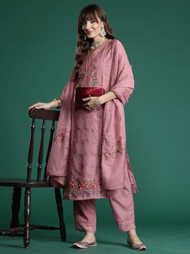 Image of INDO ERA Women's Organza Kurta and Pant with Dupatta Set
