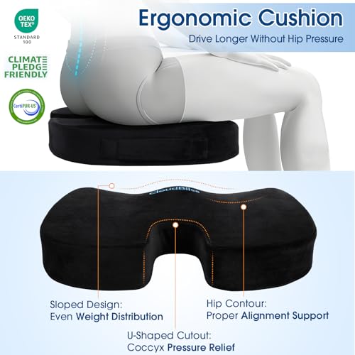 Image of CloudBliss Lumbar Support Pillow & Seat Cushion Set for Office Chair, Desk Chair, Wheelchair & Car - Memory Foam Back Support, Ergonomic Chair Cushions, Sciatica Pain Relief, Home Essentials, Black