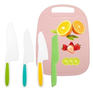 KINBOM Kid Keukenmes, 4 Kleurrijke Kinderkookmessen en 1 Rechthoekige Snijplank Kleurrijk Broodsalademes Kids Knife Sets voor Fruit en Groenten (Meerdere Kleuren)