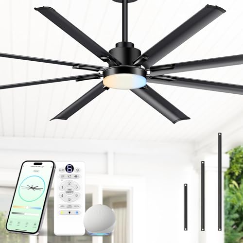 72 Inch Aluminum Ceiling Fans with Lights Industrial Outdoor Smart Ceiling Fan with 8 Black Metal Blades High CFM Reversible BLDC Alexa & Remote Control Large Ceiling Fan for Patios Garage Porch