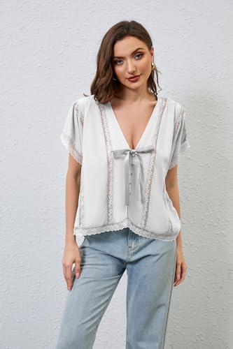 MISSACTIVER Women V Neck Tie Open Front Shirts Summer Oversized Button Down Blouses Casual Short Sleeve Lace Trim Shirt Tops4