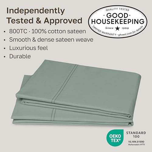Image of California Design Den 800 Thread Count 2-Pack Standard Size Pillow Cases | Soft & Thick 100% Cotton Sateen Backed by GH Seal, Classic Side Opening 4 inch Hem, Fits Standard & Queen Pillows - Sage Green