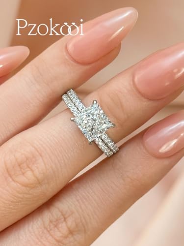 2CT Princess Cut Wedding Ring Set for Women, 925 Sterling Silver Cubic Zirconia Bridal Ring Set for Travel,Daily3