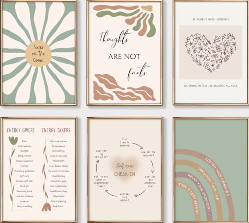 6pcs Mental Health Posters Wall Art Boho Motivational Psychology Wall Decor Pictures Inspirational Positive Quotes Canvas Poster Prints for Classroom School Office Home Decoration 8x10in Unframed