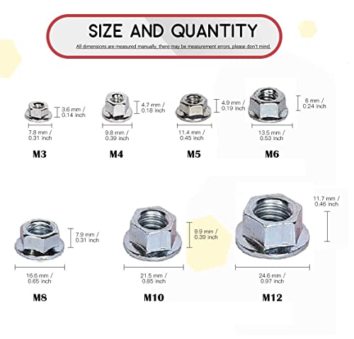 Image of Zinc Coated Flange Head Hexagonal Nuts 7 Sizes M3, M4, M5, M6, M8, M10, M12 Pack of 669 Pcs Assortment