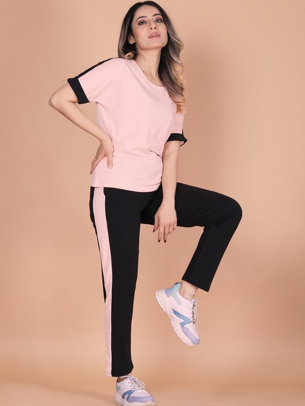 Image of DTR FASHION Polyester Blend Shoulder Stripes Tracksuit | Night Wear Suit For Women