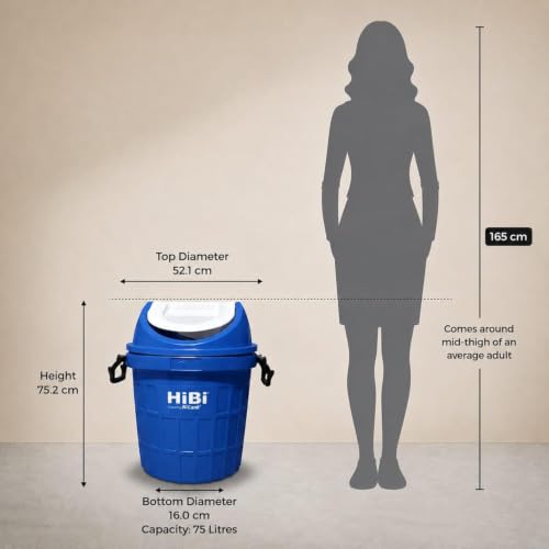 Image of HiBi 75 Litre Swing Dustbin - Large Outdoor Waste Bin | Heavy Duty Garbage Container | Durable Plastic Trash Can for Home, Office, Hospitals, Public Areas (Blue Colour)