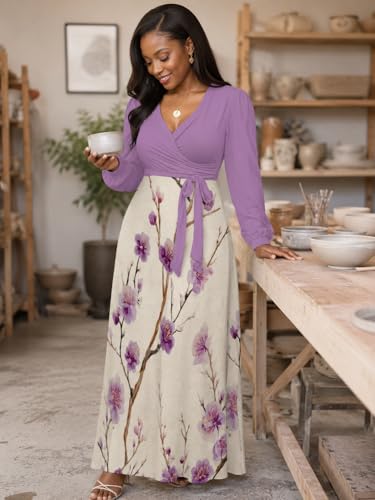Image of PinkPatty Plus Size Dresses for Curvy Women V Neck Flowy Long Sleeves Wrap Maxi Dress Travel Vacation Outfits