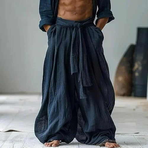 Sweatpants for Men Open Bottom Drawstring Linen Pants Summer Elastic Waist Wide Leg Plain Comfortable Casual Track Pants3