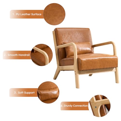 Image of INZOY Mid Century Modern Accent Chair with Wood Frame, Upholstered Living Room Chairs with Waist Cushion, Reading Armchair for Bedroom Sunroom, Light Brown