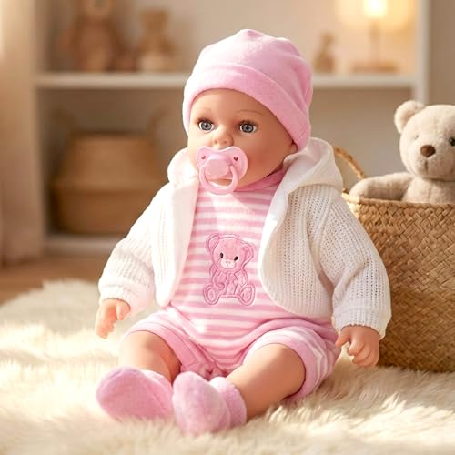 The Magic Toy Shop BiBi Doll 18-Inch Baby Doll Petal with 16 Baby Sounds Realistic Newborn Girl with Dummy Soft Vinyl Body & Pink Outfit for Girls and Boys Age 18 Months+