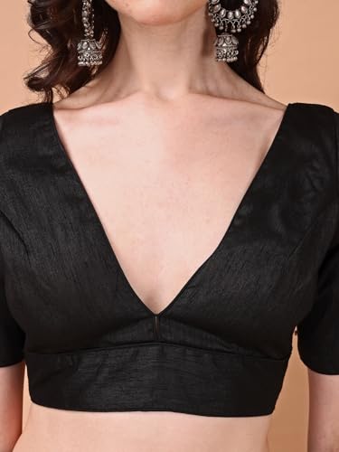 Image of Womanista Women's Dupion Silk Half Sleeve Solid V Neck Readymade Saree Blouse Stylish