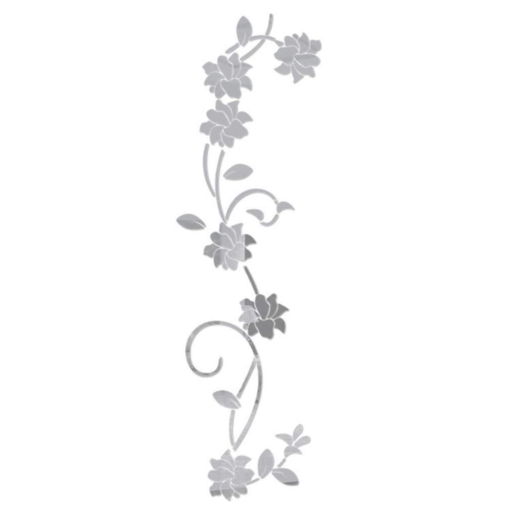 ZHOUBA 3D DIY Acrylic Mirror Effect Flower Vine Wall Stickers Mural Decal Home Decor Silver