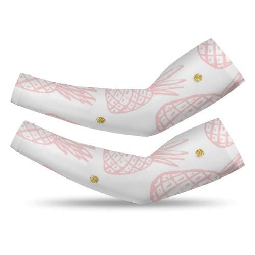 Xmkltbz 1 Pair Cooling Arm Sleeves, Unisex Warmer Spandex Sports Cover Uv Sun Protection for Cycling Golf Running L Print Rose Gold Pink Pineapples Seamless with Golden Polka Dots on White