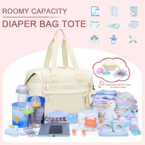 Image of Pritent Diaper Bag Tote - Diaper Baby Bags with Pacifier Case, Shoulder Straps, Stroller Clips, Waterproof Large Mommy Maternity Travel Baby Bag for Mom and Dad, white