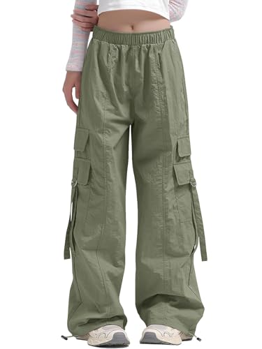 Image of Haloumoning Girls Parachute Pants Kids Wide Leg Cargo Pants Y2K Street Trousers with Pockets 5-14 Years