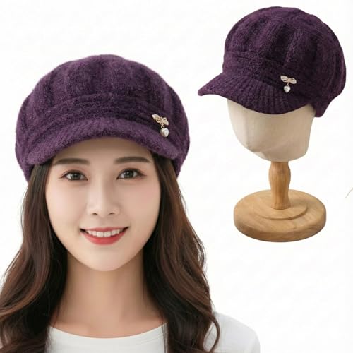 Image of Kraptick Women's Winter Knit Visor Beanie Hat with Soft Fleece Lining, Stylish Woollen Slouchy Warm Cap for Ladies, Snow Sun Shield Knit Cap for Winter -2
