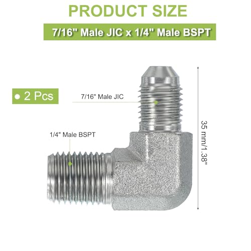 Image of PATIKIL 90 Degree Pipe Adapter, 2 Pcs 7 /16 inch Male 37 Flare JIC x 1 /4 inch BSPT Male Connector Carbon Steel Elbow Fitting for Air Hydraulic Fluid Fuel Water Oil, Silver