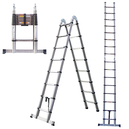 Escalera telescópica multiusos de 16.4 pies / 5 m, de acero inoxidable, con marco en A, plegable, extensible de 8 x 2 peldaños EN131, cierre suave, protección de dedos, capacidad máxima de 150 kg