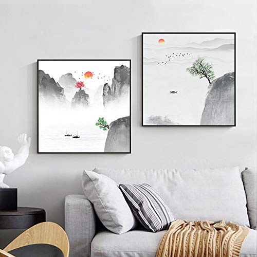 Impression sur toile paysage zen abstrait de qualité supérieure style chinois 70x70cm sans cadre
