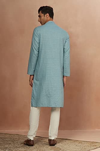 Image of Manyavar Men's Art Silk Checkered Self Design Mandarin Collar Kurta Set (2pcs)