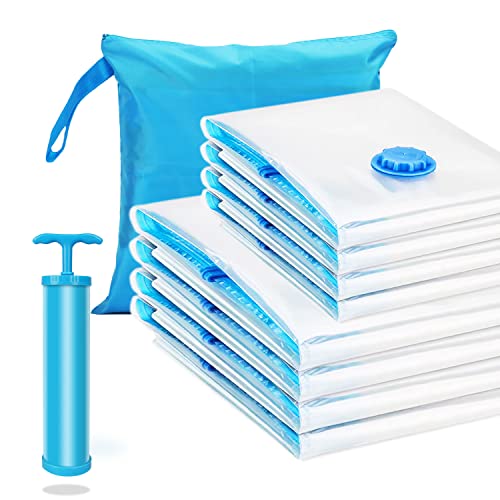 Sac sous Vide Vetement Aspirateur XXL Lot de 8 Sac de Rangement sous Vide Aspirateur+1 Pompe, Sac Compression Rangement Voyage, Literie Oreillers Couette Penderie Manteau